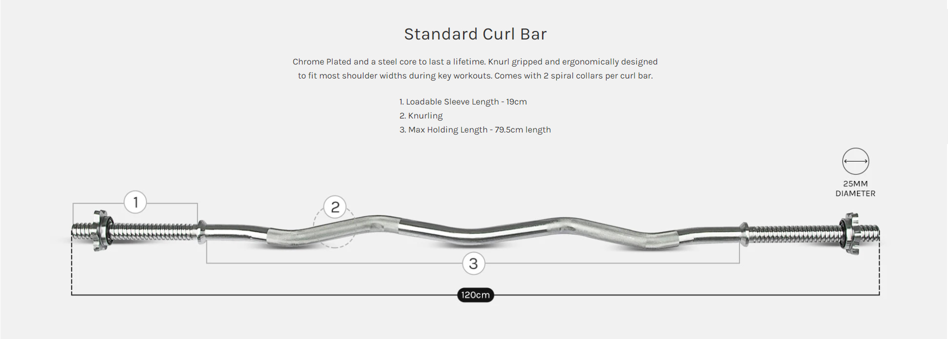 120cm Curl Bar with Chrome Finish, Knurl Grip, and 25mm Diameter